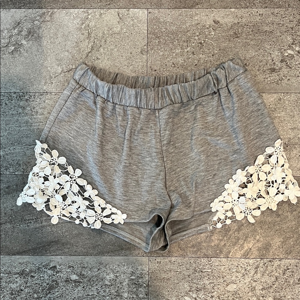 Gray Shorts with White Lace Trim